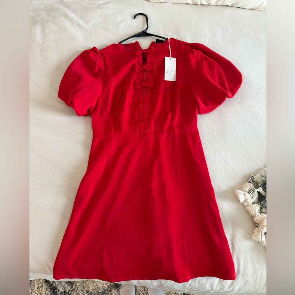 Vici Red Mini Dress with Puff Sleeves